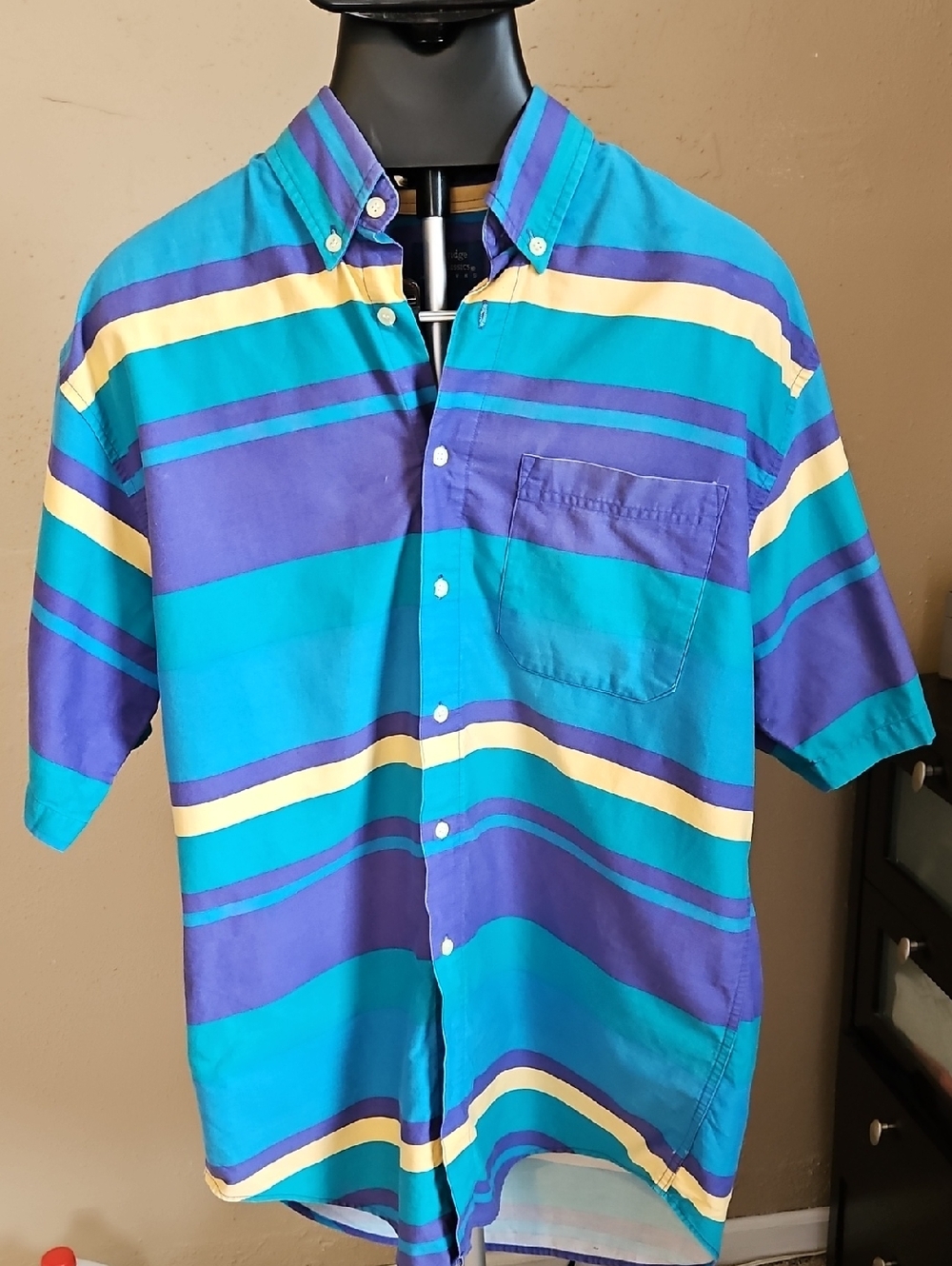 Vintage Cambridge Classics Stripe Short-Sleeve Button-Up Shirt - Teal & Purple